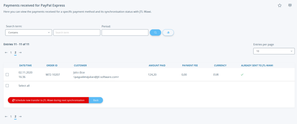 Overview of received payments in JTL-Shop 5