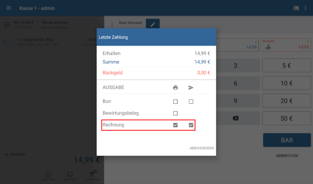 Rechnung am Ende des Zahlvorgangs drucken oder per E-Mail senden