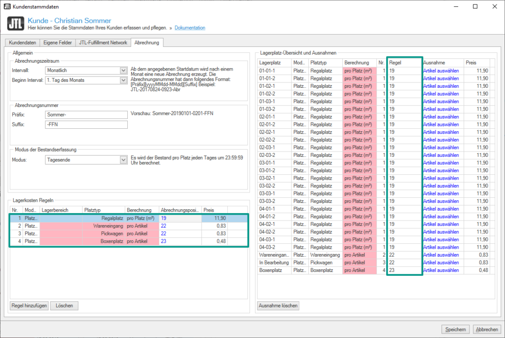 Zugewiesene Lagerkostenregeln in den Kundenstammdaten von JTL-Wawi