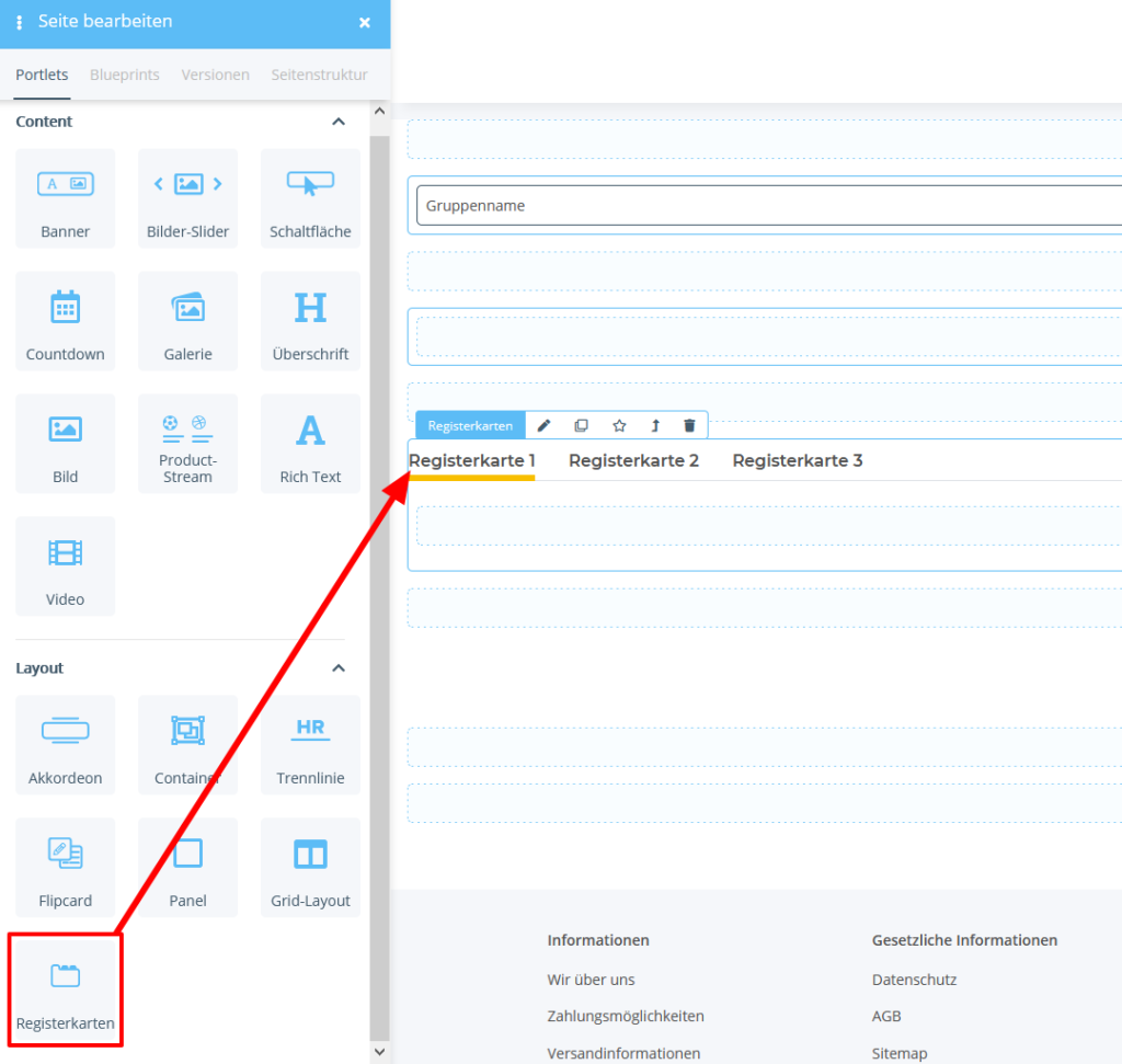 Portlet für Registerkarten im OnPage Composer einfügen