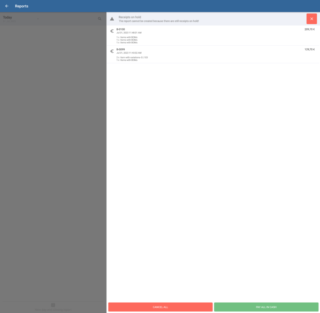 Receipts on hold when performing day-end closing