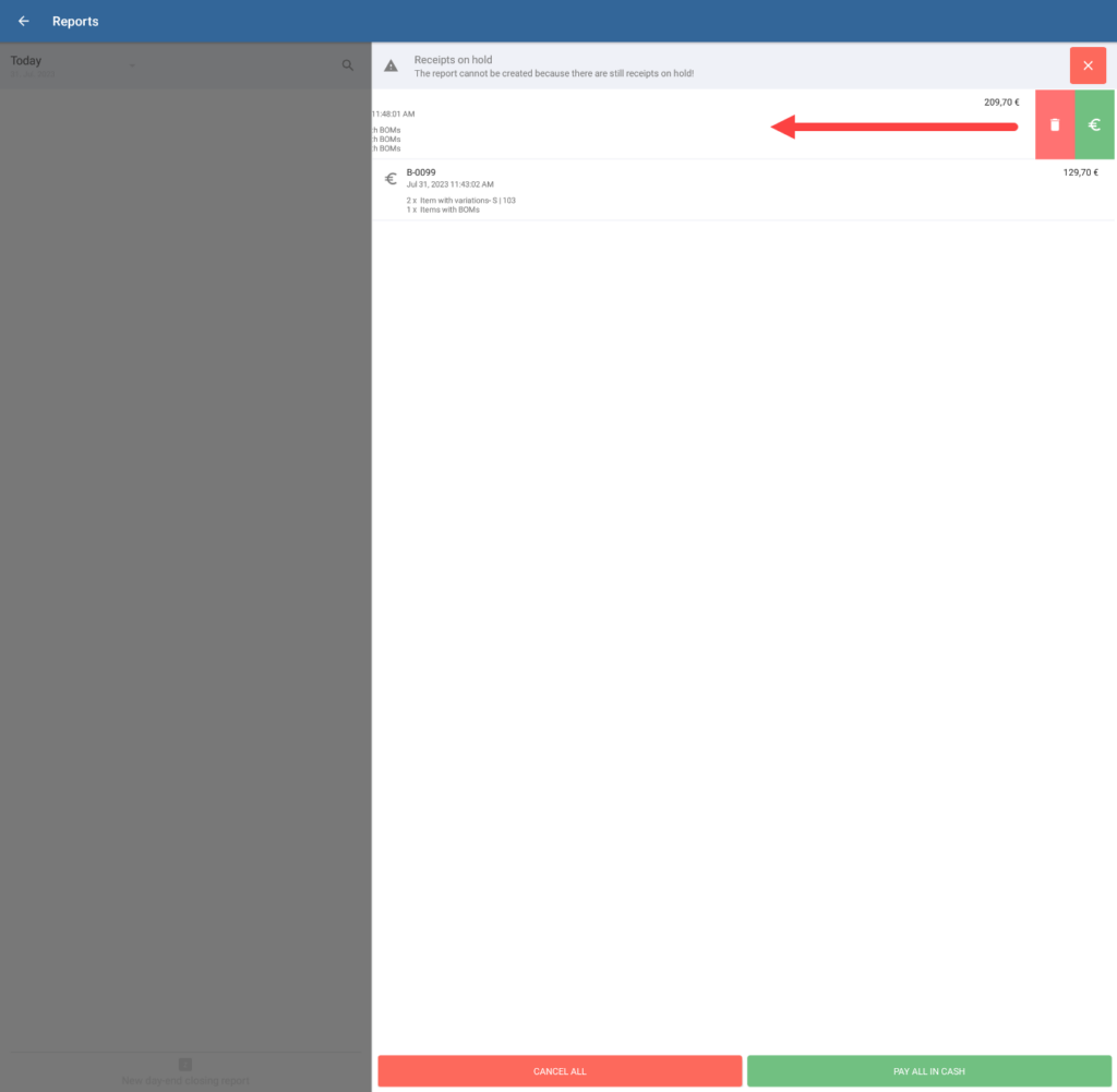 Pay or delete single receipt on hold during day-end closing