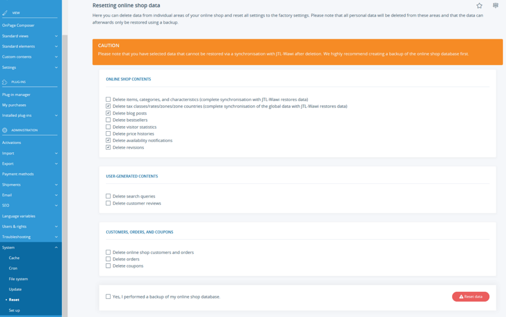 Resetting the data of the online shop JTL-Shop