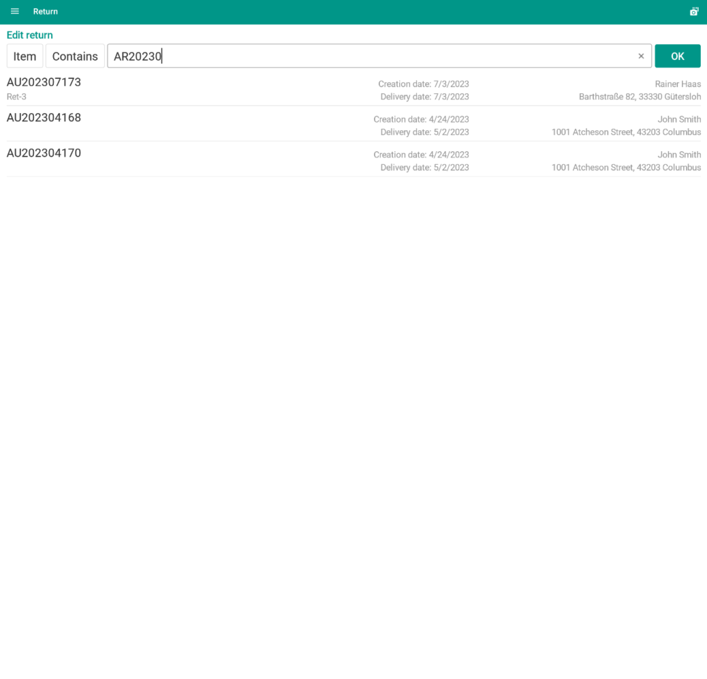 Wms Mobile Returns Search filter