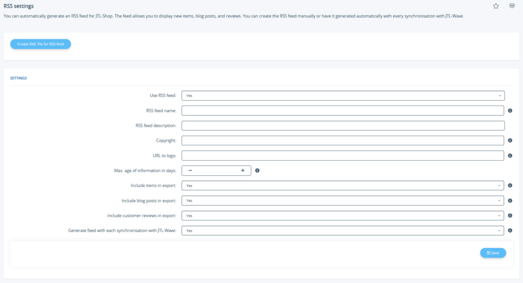 RSS settings in JTLShop