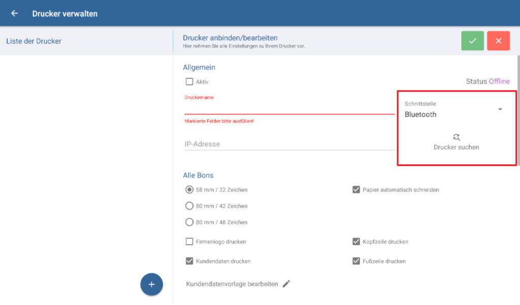 Schnittstelle wählen und Drucker suchen