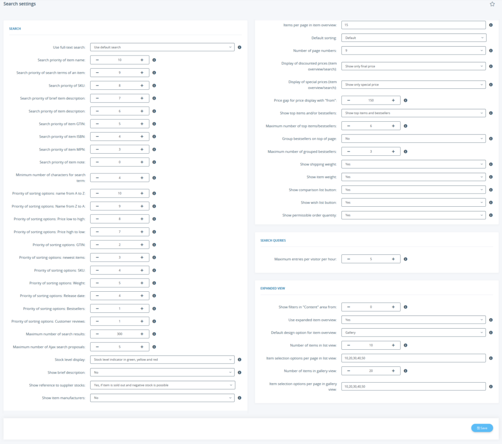 Overview of the search settings in the back end of JTL-Shop 5