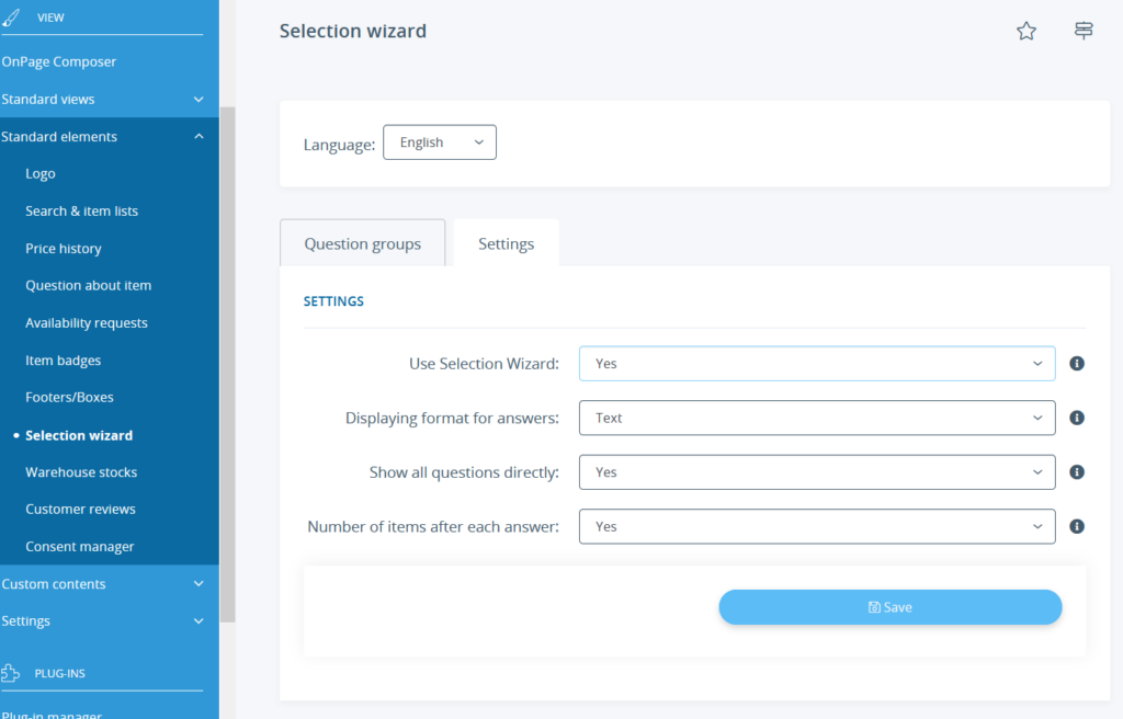 Settings for the Selection wizard in JTL-Shop