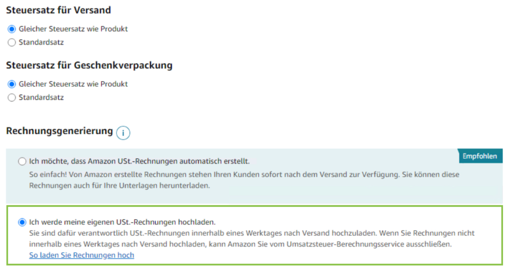 Amazon Seller Central Rechnungsgenerierung VCS Lite auswählen