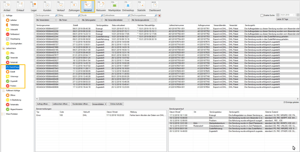 Sendungsverfolgung JTL-Track&Trace im Bereich Versand in JTL-Wawi
