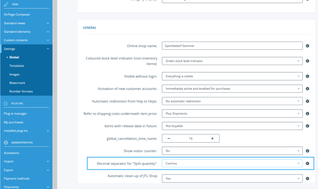 Changing the decimal separator for the setting “Split quantity” in JTL-Shop 5
