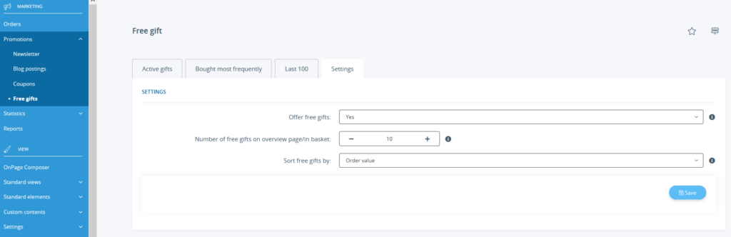 Settings for free gifts in JTL-Shop