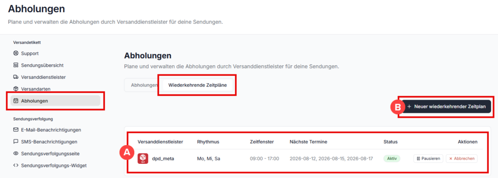 Shipping Wiederkehrenmde Zeitpüläne