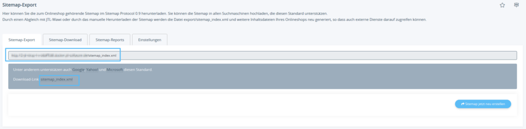 Exportieren der SItemap im Backend von JTL-Shop 5