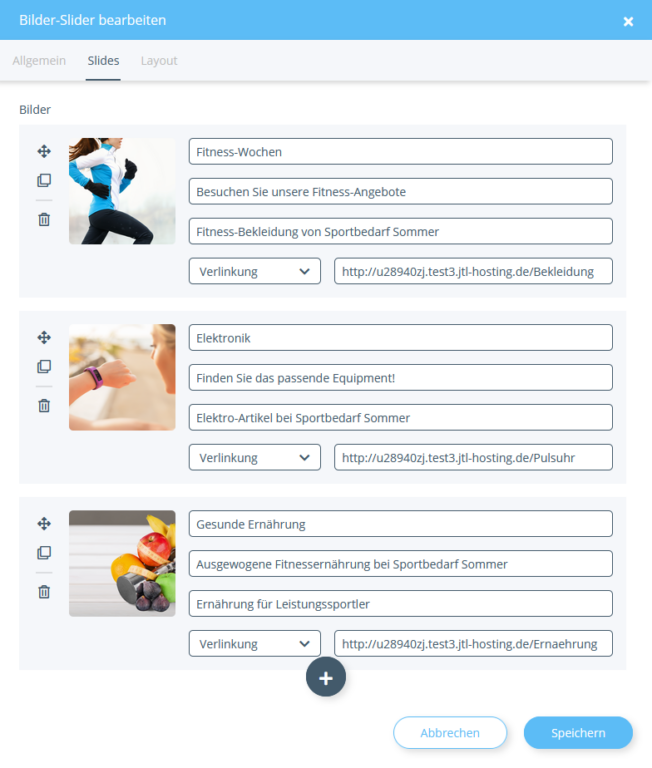 Slides für einen Slider im OnPage Composer einstellen