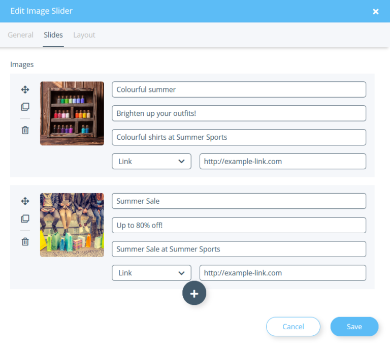 Setting the slides for a slider in the OnPage Composer