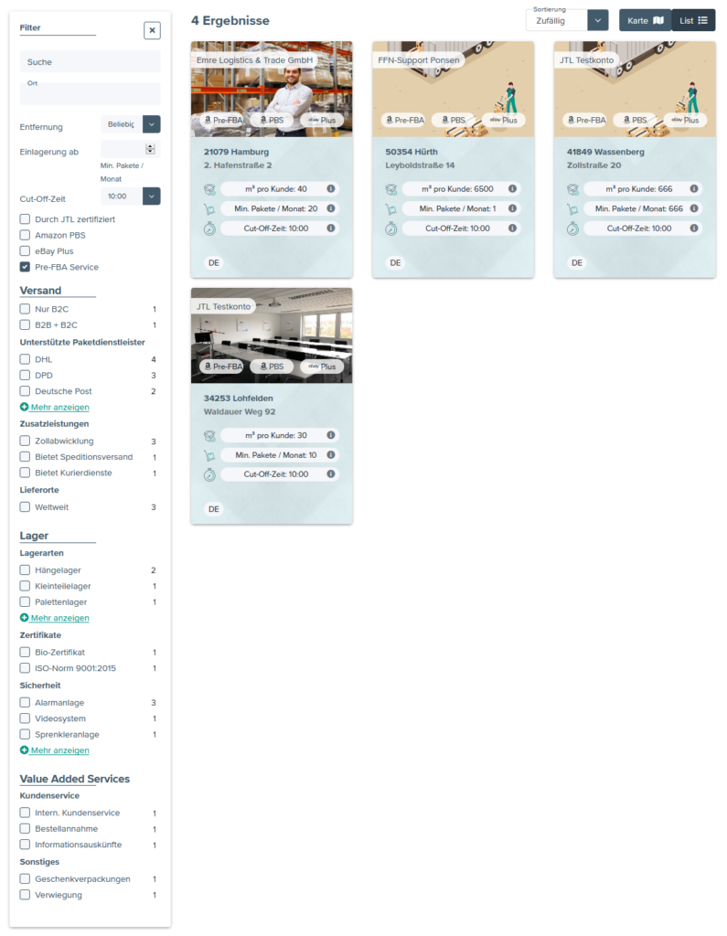 Such- und Filterkriterien im JTL-Fulfillment Network