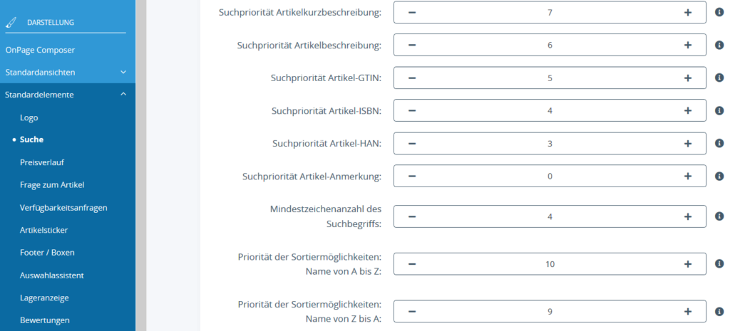 Festlegen der Reihenfolge von Sortiermöglichkeiten und der Durchsuchung von Feldern in JTL-Shop 5