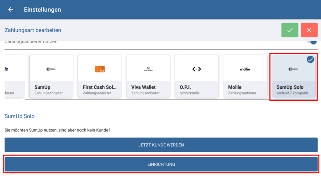 Auswahl von SumUp Solo in JTL-POS bei der Einrichtung