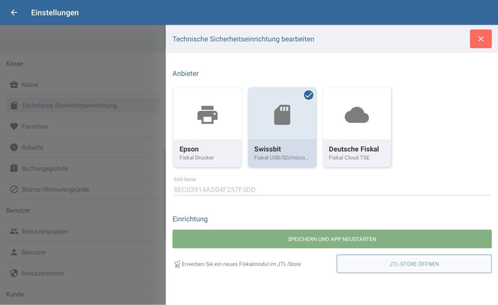 Einstellungen für die TSE von JTL-POS