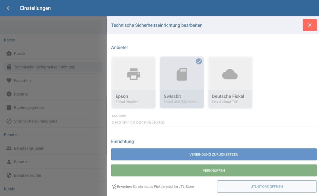 Swissbit TSE verknüpfen mit JTL-POS