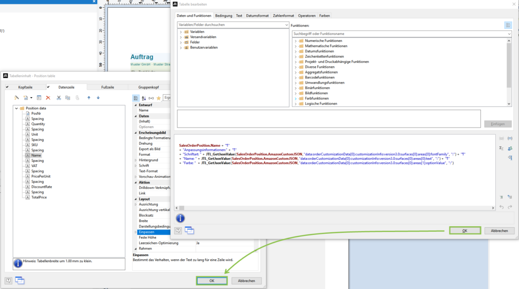 Fertige Tabellenzeile mit vollständigen Amazon-Custom-Informationen