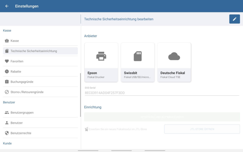 Technische Sicherheitseinrichtung in JTL-POS einrichten