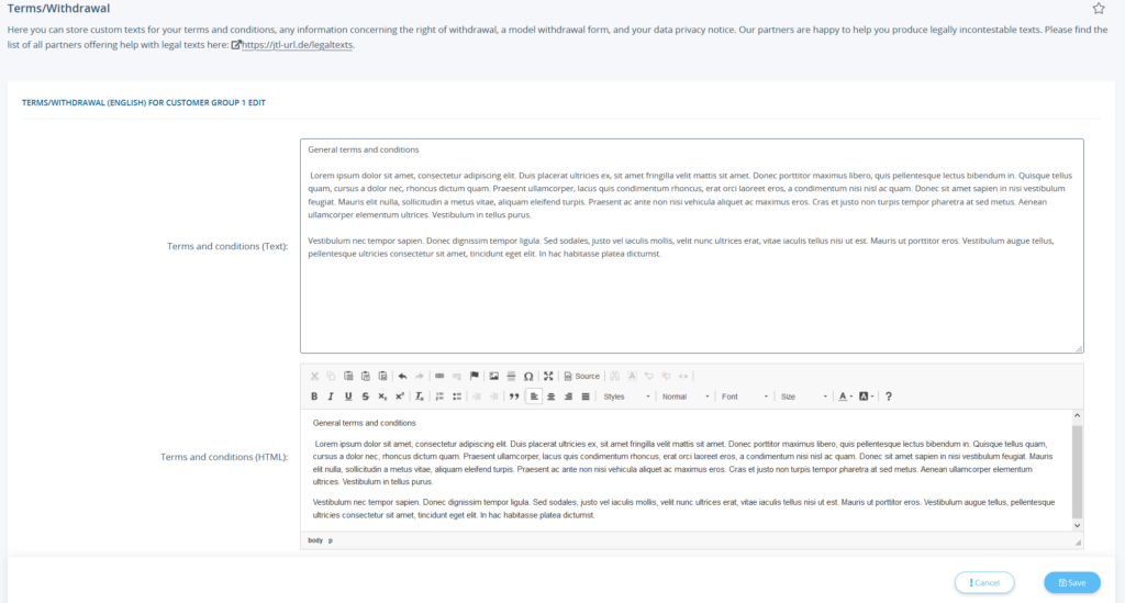 Editing the texts of terms and conditions and withdrawal policies in JTL-Shop 5