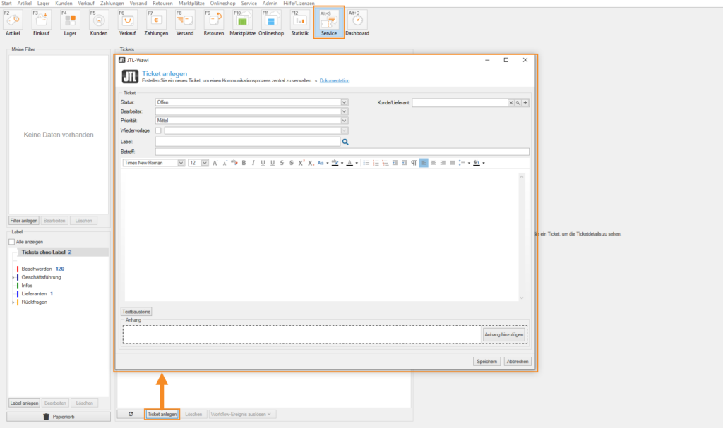 Ticket in JTL-Wawi anlegen