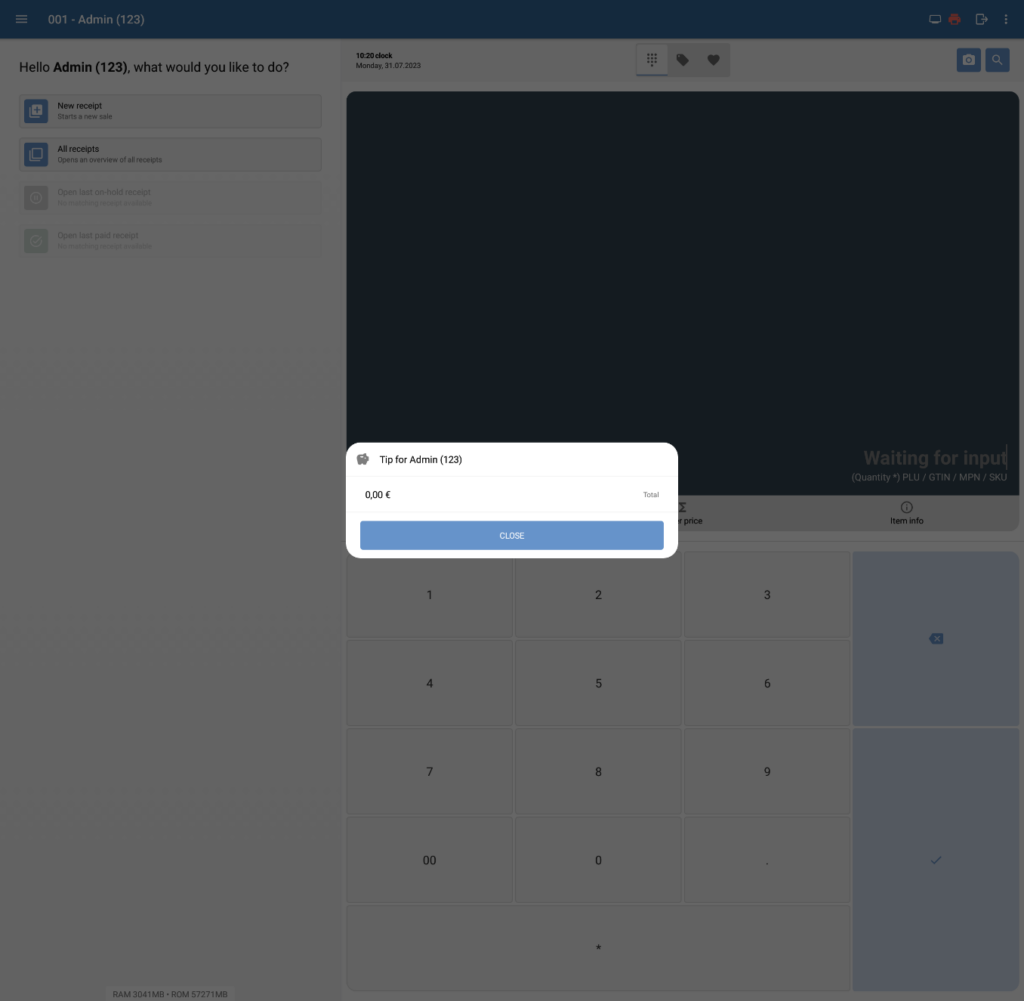 Current tip balance in JTL-POS