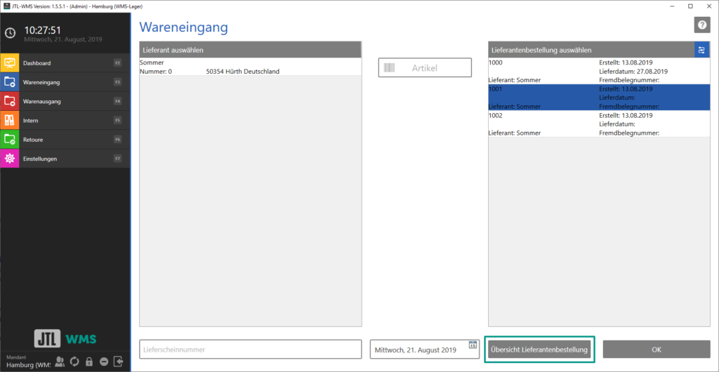 Auswahl der Lieferantenbestellung für den Wareneingang in JTL-WMS