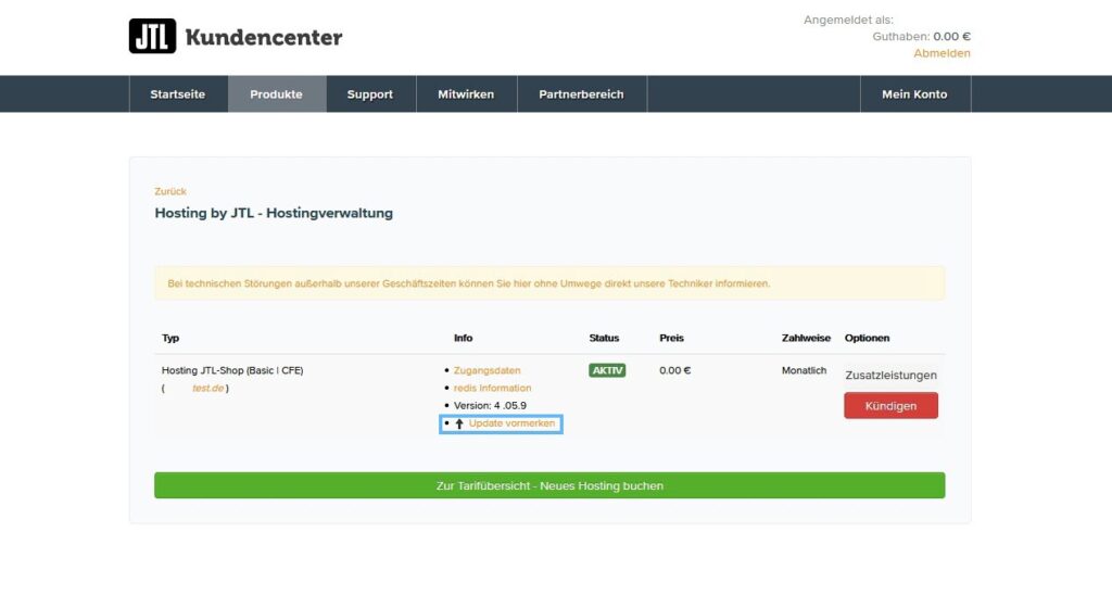 Update vormerken im Kundencenter Bereich JTL-Shop Hosting