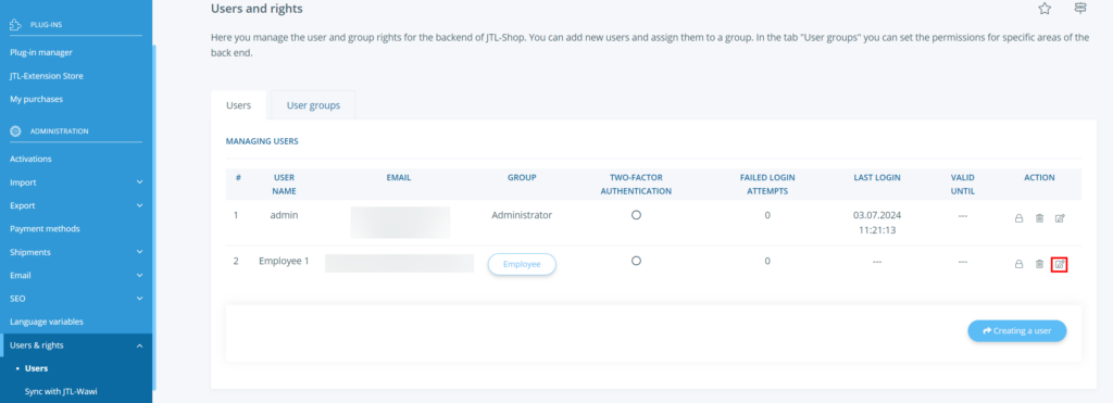 Edit user Jtl Shop 5
