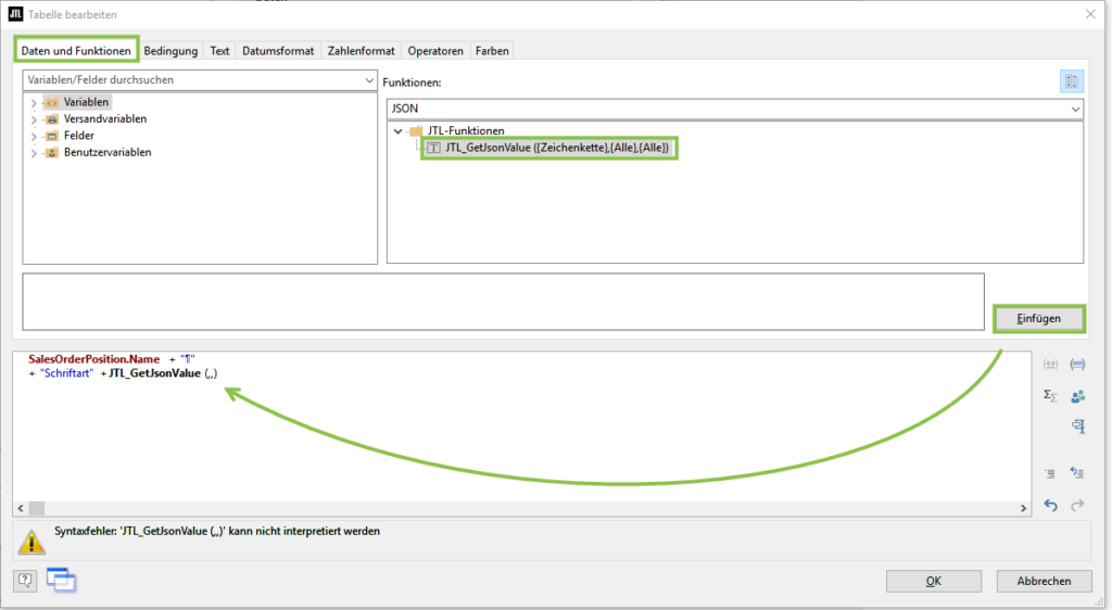 Variable für JSON in das Formular einfügen