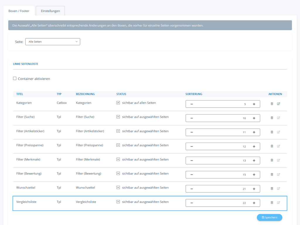 Box für die Vergleichsliste in JTL-Shop