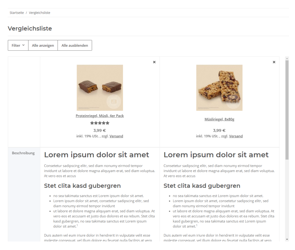 Vergleichsliste im Frontend von JTL-Shop