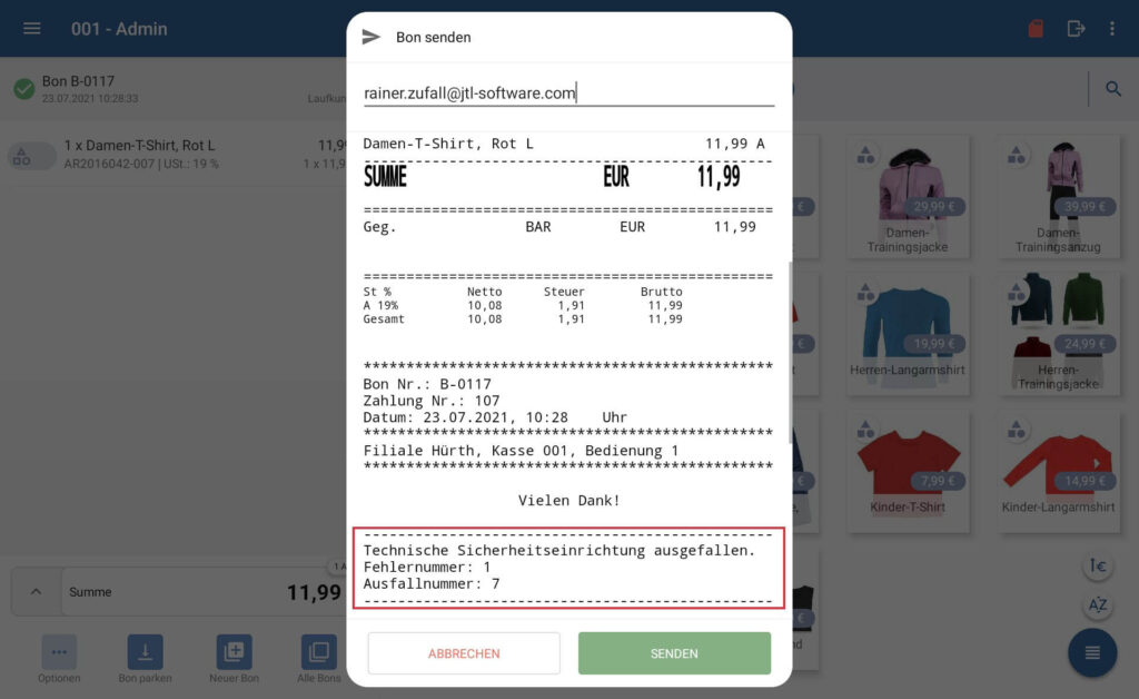 Vermerk auf Bon bei Ausfall der TSE
