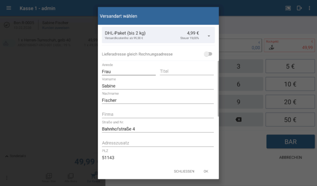 Versandart für den Versand über JTL-Wawi wählen