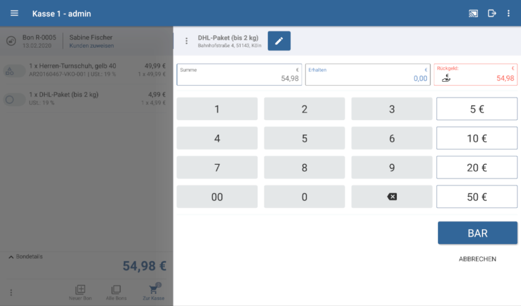 Ausgewählte Versandart in der Kassieransicht
