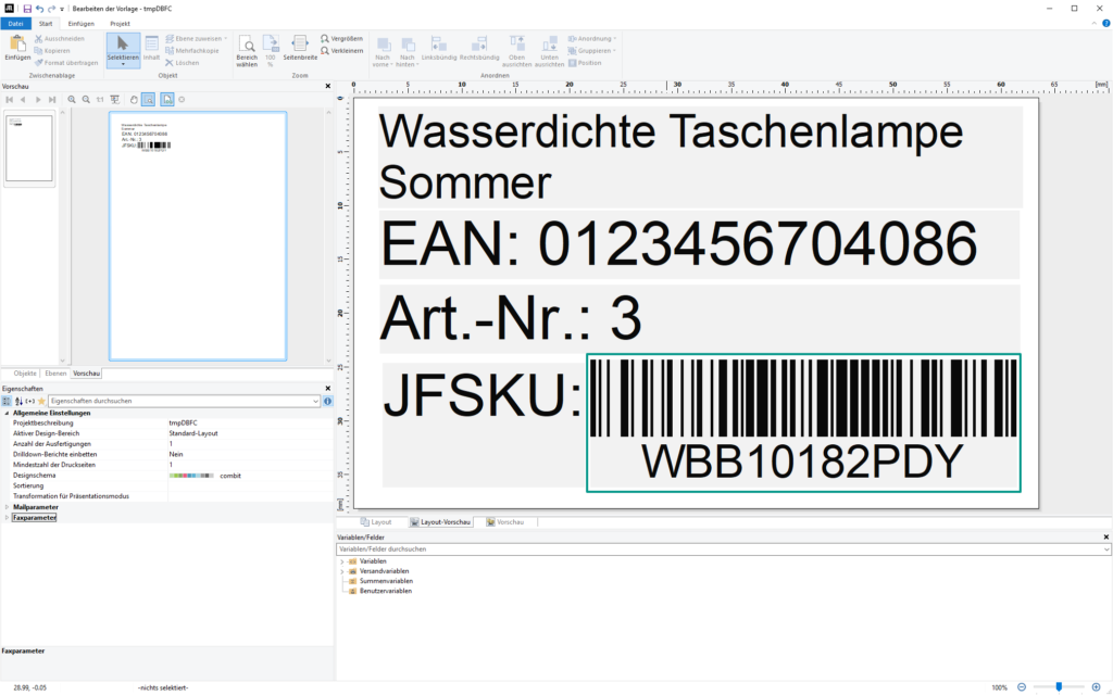 Vorlage für ein Artikeletikett mit einer Jfsku als Barcode