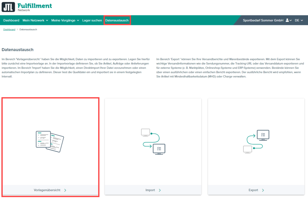 Vorlagenübersicht im Bereich Datenaustausch öffnen