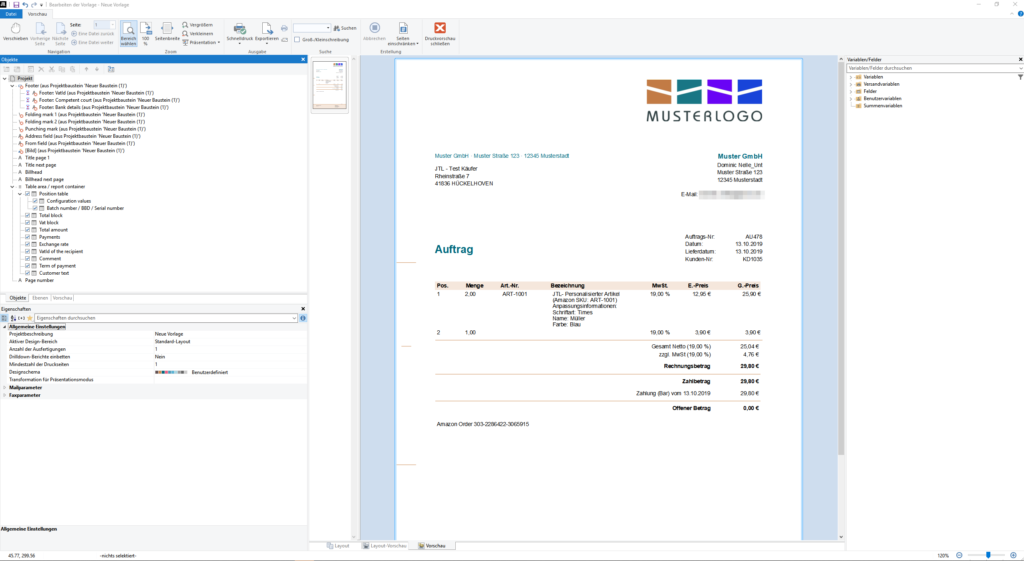 Vorschau der Vorlage für einen Auftrag mit einem Artikel von Amazon Custom