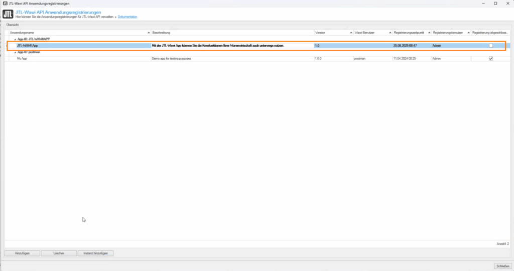 Wawi App Mit Wawi Verbinden Jtl Wawi Admin Erfolgsmeldung