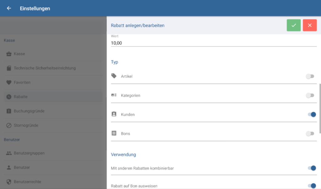 Eingabe des Werts und Auswahl des Typs für einen Rabatt