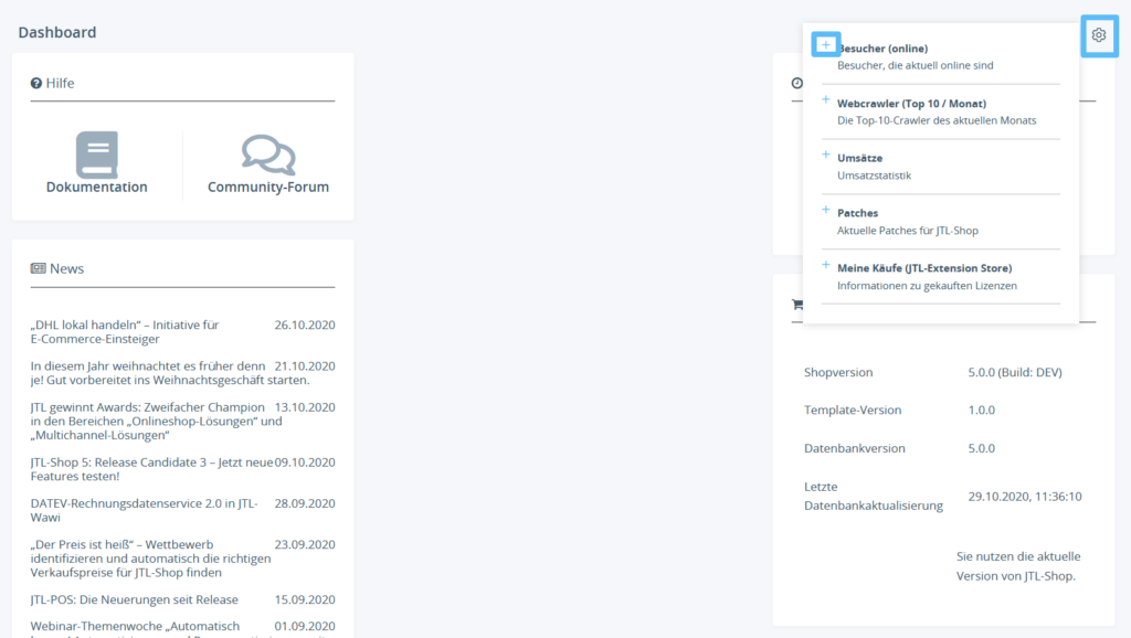 Hinzufügen ausgeblendeter Widgets in JTL-Shop 5