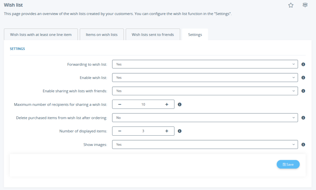 Settings for wish lists in JTL-Shop