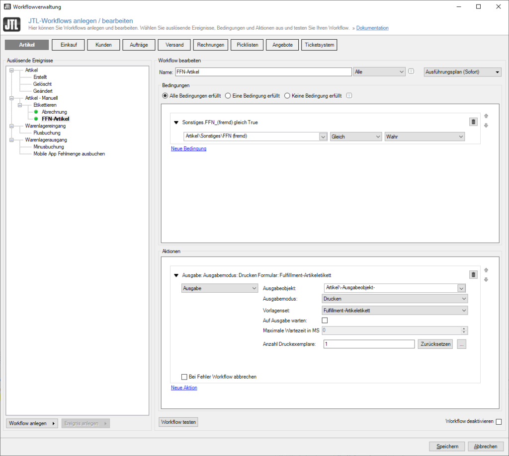 Manueller Workflow für den Druck eines Artikeletiketts für das JTL-Fulfillment Network