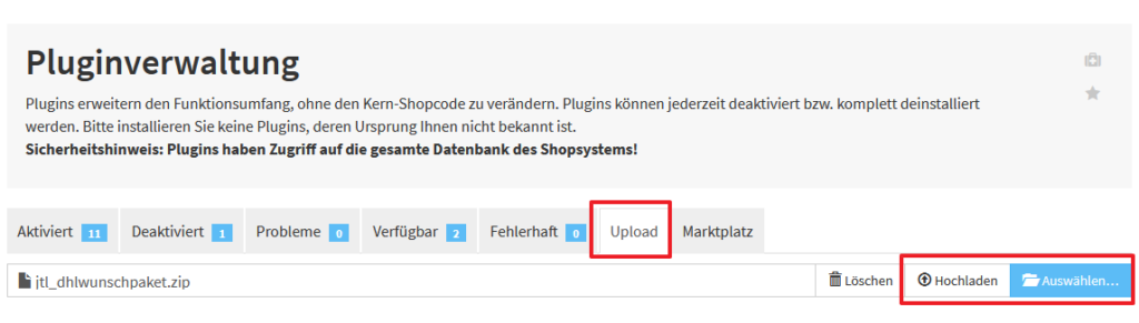 Plugin für DHL Wunschpaket in JTL-Shop hochladen