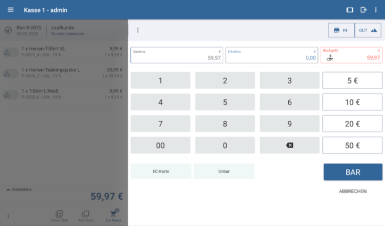 Auswahl der Zahlungsart während des Kassiervorgangs in JTL-POS