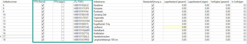 Zusätzliche Spalten für die Artikelverwaltung im JTL-Fulfillment Network